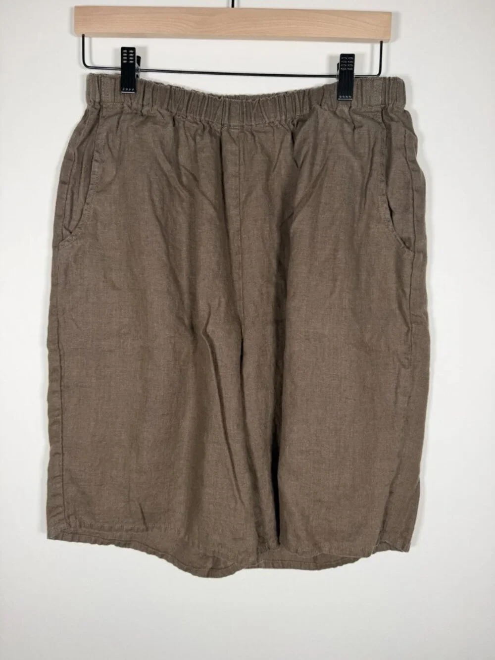 Vintage FLAX brown 100% linen pull-on elastic lagenlook city shorts M comfy
